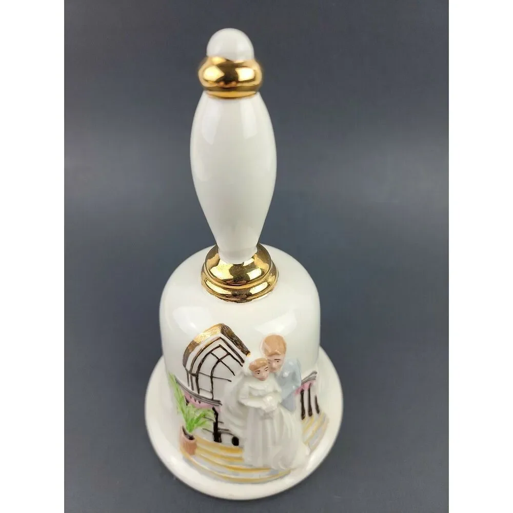 Vintage Wedding Bell Bride Groom Artisan Ceramic Porcelain Gold Trim Clapper